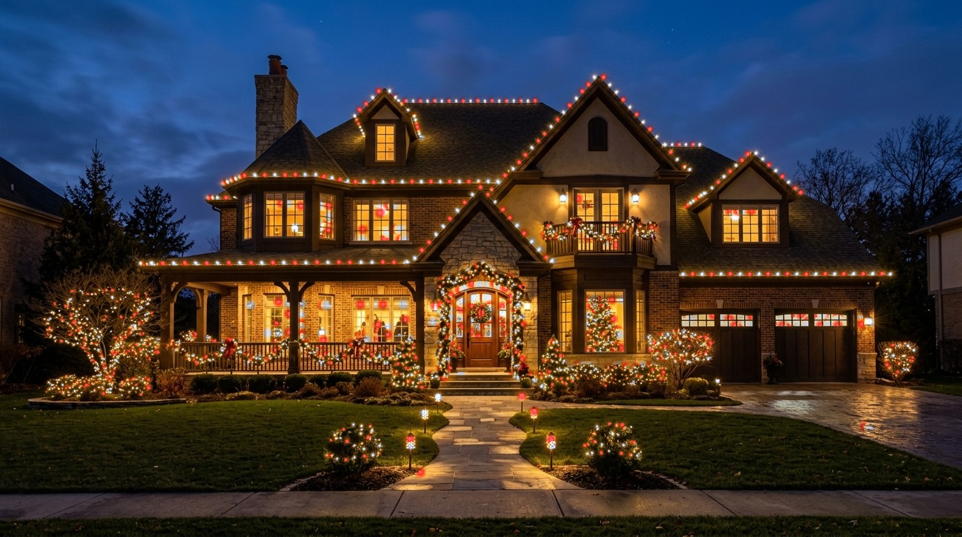Luxury residence illuminated with Candy Cane red and white holiday lighting