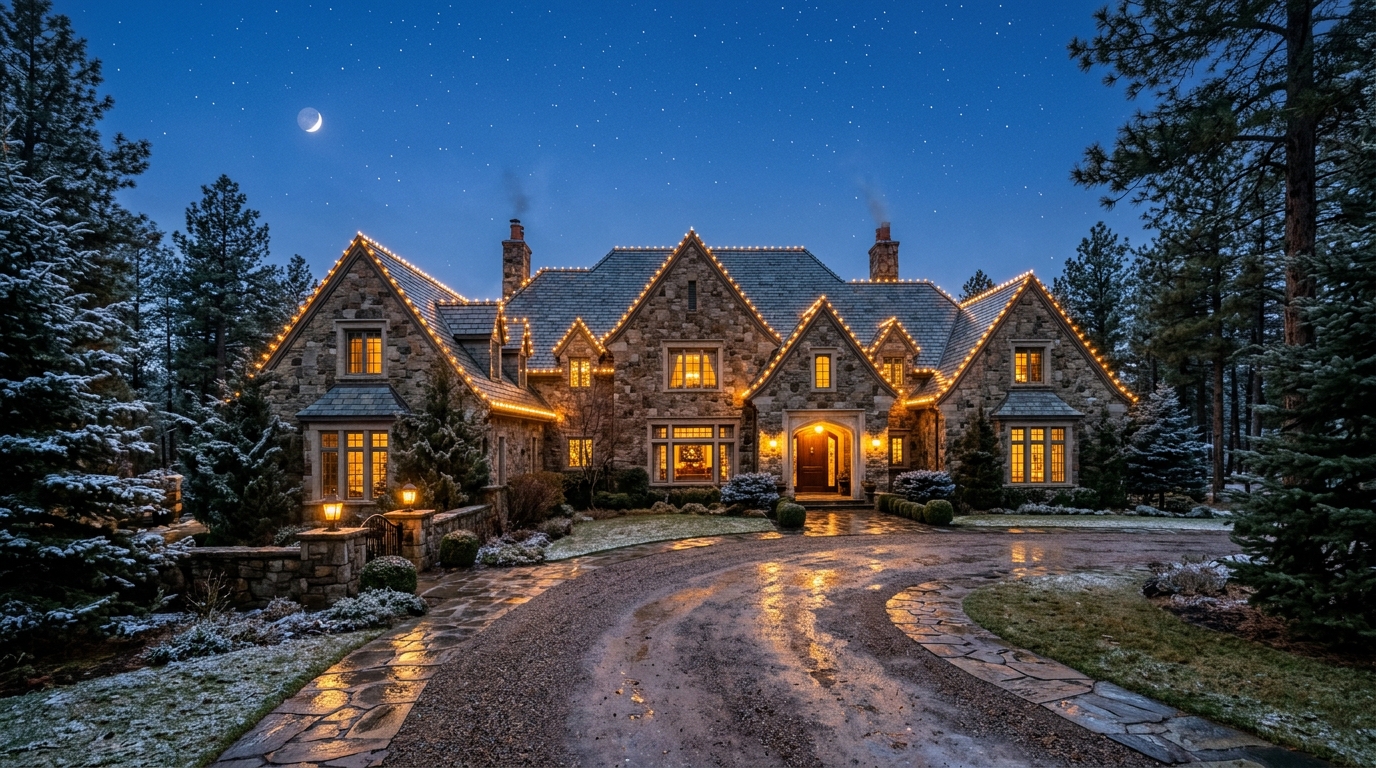 Luxury Northwest Arkansas residence illuminated with warm-white 2700K architectural roofline holiday lighting