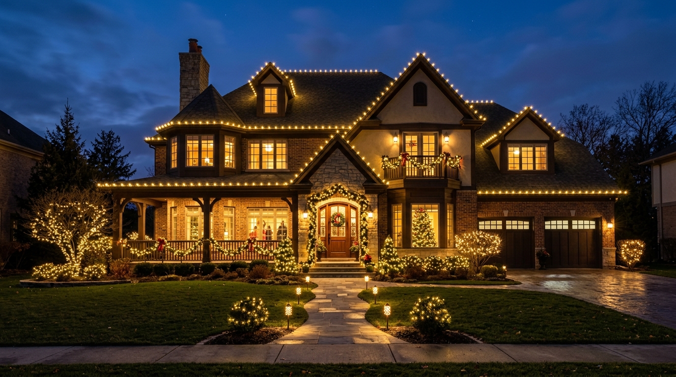 Luxury residence illuminated with Classic Warm Candlelight holiday lighting