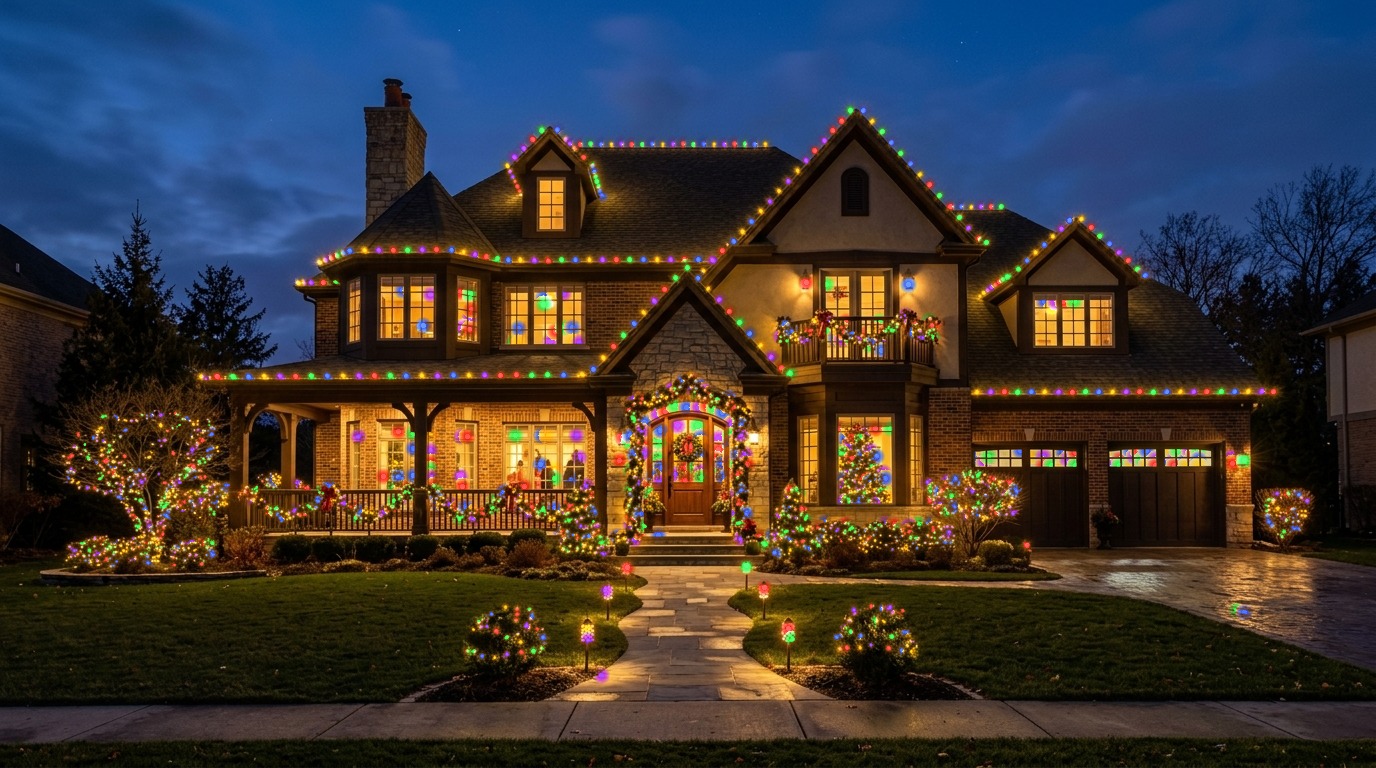 Luxury residence illuminated with Jewel tone multi-color holiday lighting