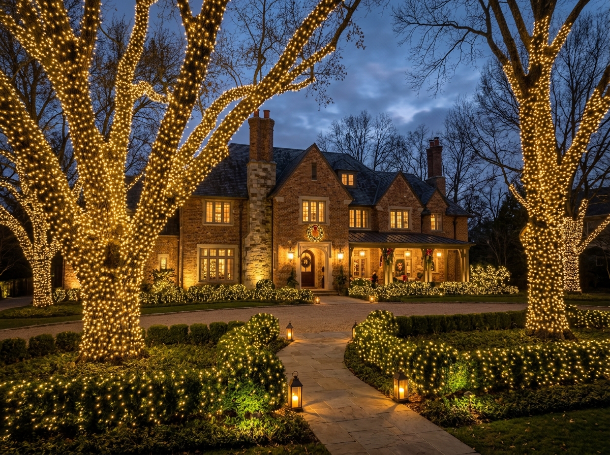 Luxury brick estate with grand mature oak trees wrapped in thousands of golden micro LEDs